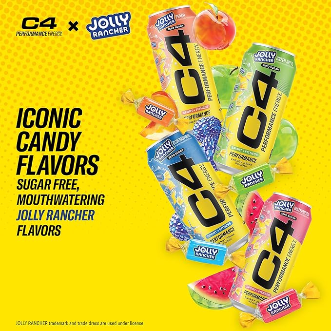 Cellucor C4 Performance Energy Drink | JOLLY RANCHER Watermelon | Zero Sugar Carbonated Preworkout Energy | 200mg Caffeine with Beta Alanine | 16 Fl Oz (12 Pack)