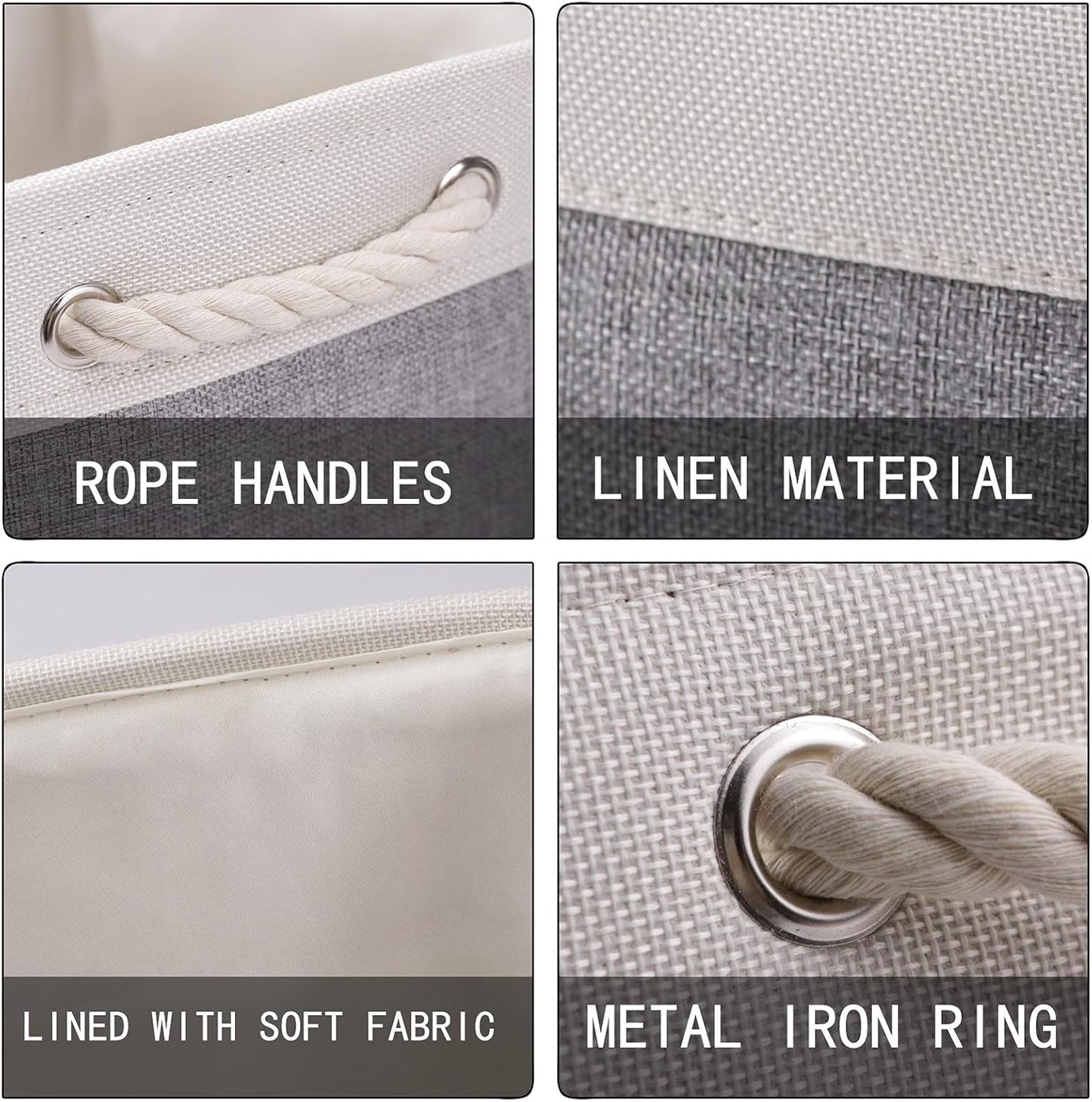 HNZIGE Large Fabric Storage Baskets (3 Pack) - Foldable Gift Baskets with Rope Handles, Decorative Organizers for Home (White & Gray, 15" x 11" x 9.5")
