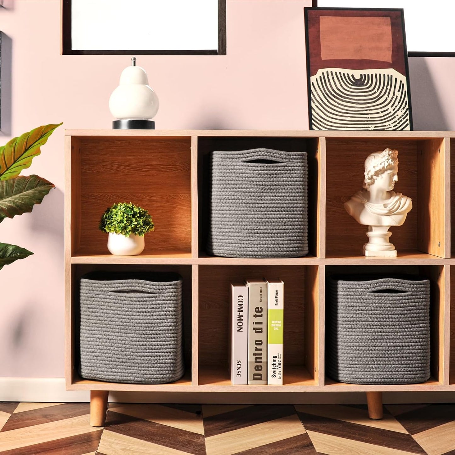 11 Inch Cube Storage Bins, Storage Cube Organizer Bins, Woven Cotton Rope Basket for Storage, Storage Baskets for Organizing Shelves, Grey Baskets for Toys Nursery, Grey (Pack of 3)