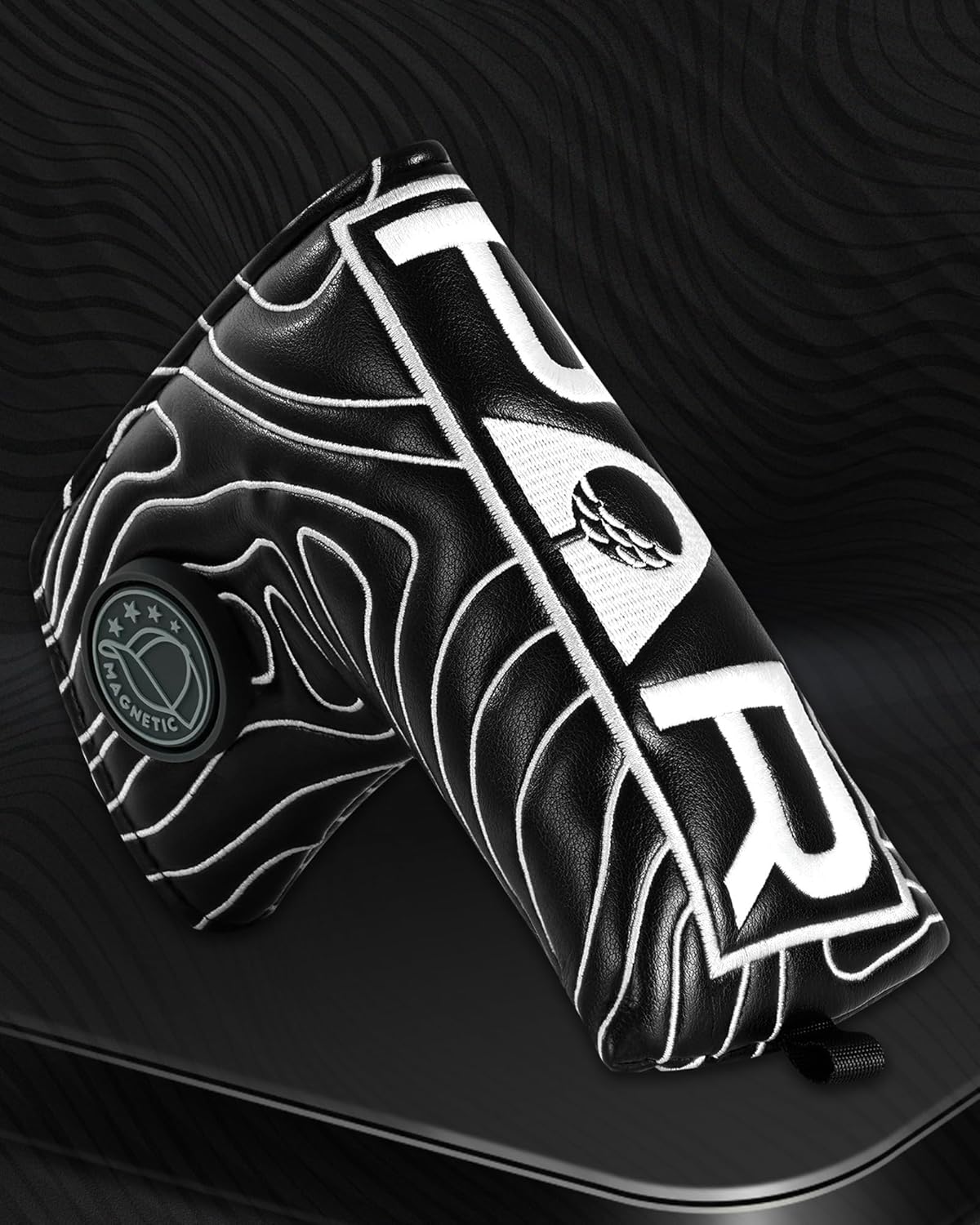 Big Teeth Golf Club Covers Full Set Driver Headcover Fairway Wood Hybrid Golf Club Iron Head Covers, Topographic Edition Putter Cover Leather Golf Head Covers Pure Black, Gifts for Men