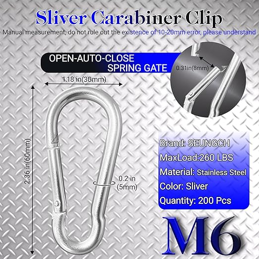 200Pcs 2.36" Heavy Duty Snap Hook Carabiners - M6 Galvanized Steel Quick Links for Keys, Hammocks, Swings, Outdoor Gear - Camping, Hiking, Fishing (Sliver)