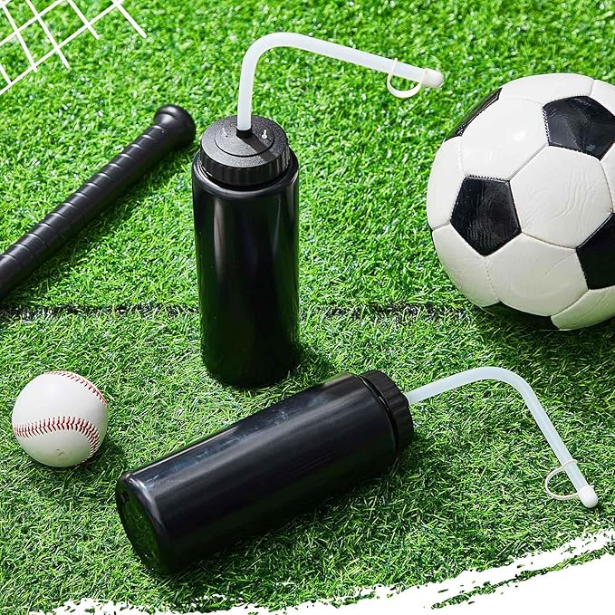 Domensi 4 Pack 1 Liter Sports Water Bottle W/long Straw Hockey Lacrosse Water Bottle with Straw Bpa Free Squeeze Plastic Use Sport Helmet in Football Baseball Gym(Black,Classic)