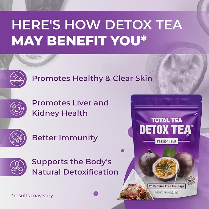 Total Tea SIimming Detox Tea Caffeine Free - 25 Day Detox - Herbal Tea with Chamomile, Hibiscus Tea & Ginger Root for Colon Cleanse – Natural Passion Fruit Herbal Tea
