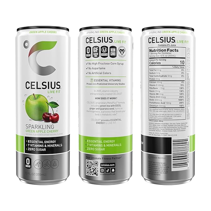 CELSIUS Sparkling Green Apple Cherry, Functional Essential Energy Drink, 12 Fl Oz (Pack of 12)