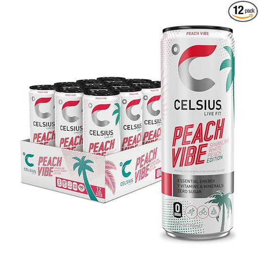 CELSIUS Sparkling Peach Vibe, Functional Essential Energy Drink 12 Fl Oz (Pack of 12)