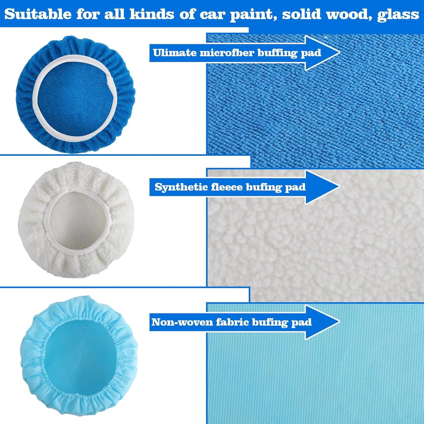 40 Piece Car Polisher Pad Set, Mix Pack of 24 Microfiber, 8 Non Woven, 8 Woolen Bonnets, 7-8 Inch, Dark Blue, Light Blue, White, Suitable for Metal, Bronze, Wood, Plastic