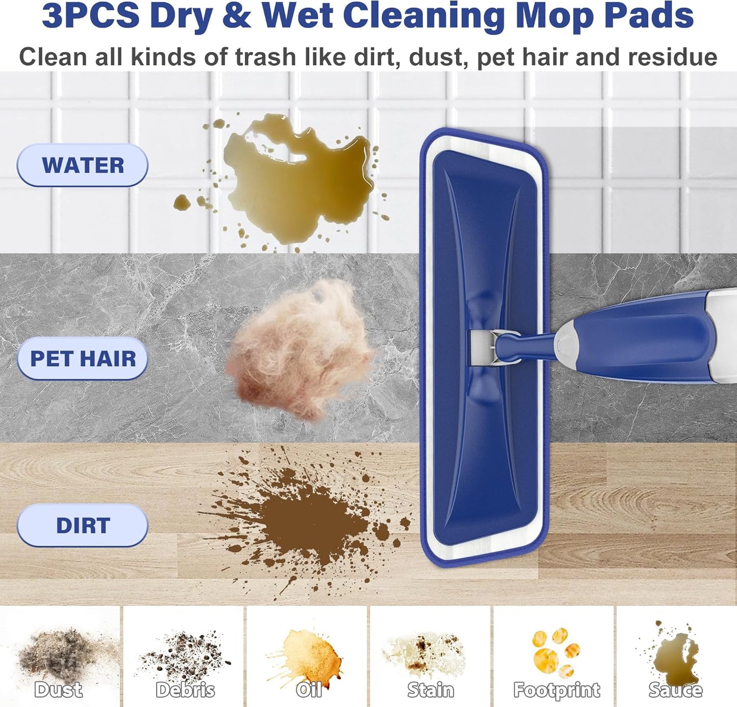Microfiber Spray Mop for Floors Cleaning: Wet Dry Hardwood Floor Mops with 3 Washable Pads for Swiffer Powermop - Flat Mop with Sprayer for Tile Wood Laminate Vinyl Marble Floor