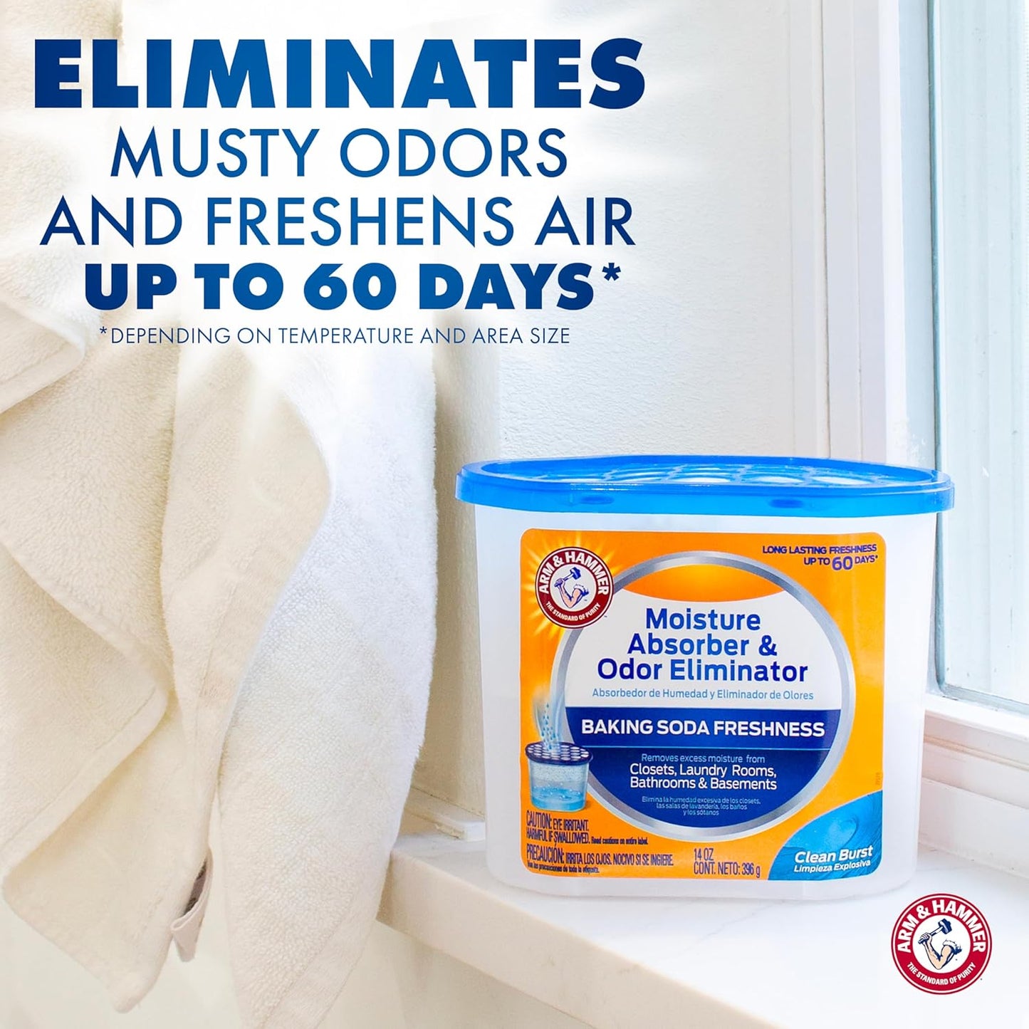 Arm & Hammer Clean Burst Moisture Absorber and Odor Eliminator Tubs, 14 oz, 3 Pack, Attract and Trap Excess Moisture, Eliminate Musty Odors, Convenient and Effective, White