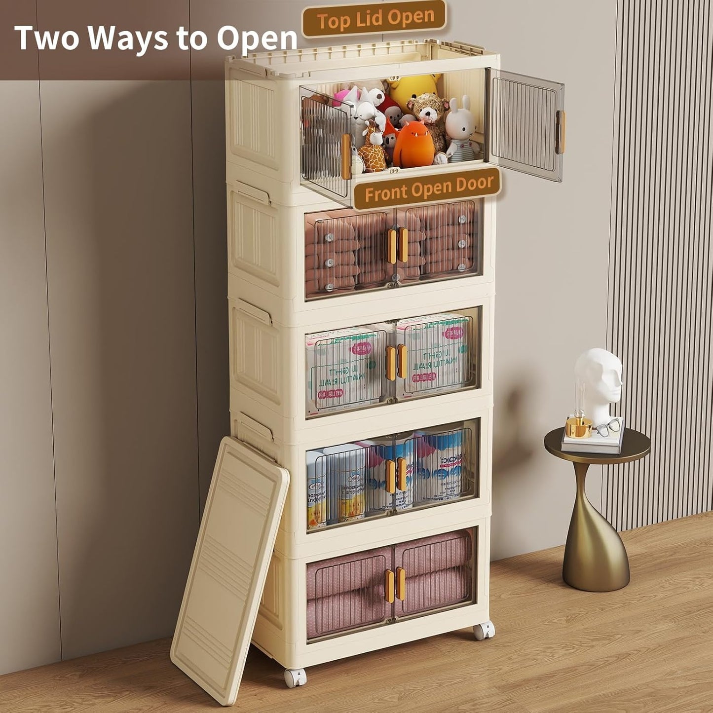 28 Qt Plastic Storage Bins with Lid, Collapsible Closet Organizer and Drawers, Stackable Storage Containers with Wheels, 5Pack