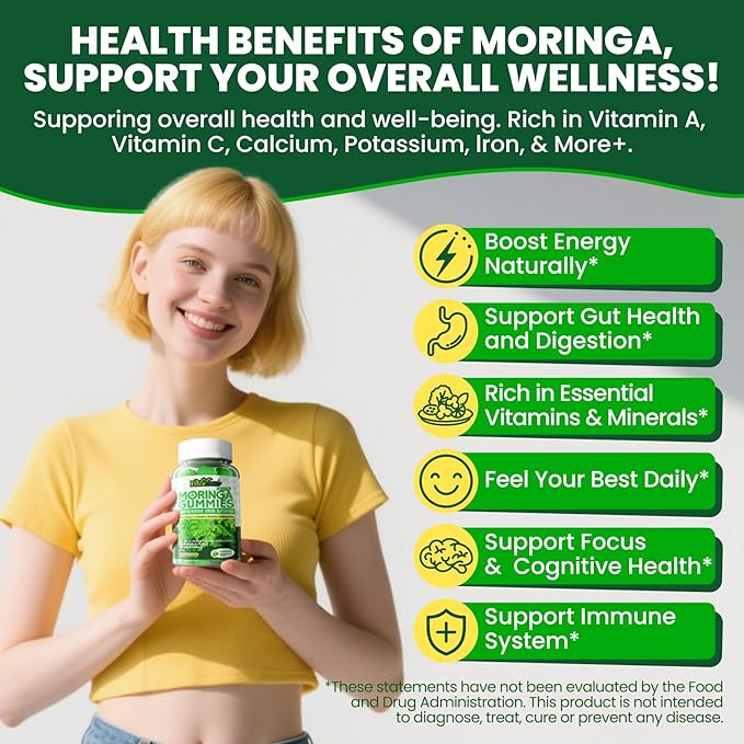Organic Moringa Gummies 1000mg for Women Men, Liposomal Nutrient-Dense Pure Green Superfood, w/Vegan Omega-3, Boswellia, L-Theanine & Probiotic, for Energy, Focus, Antioxidants & Gut Health, 120Cts