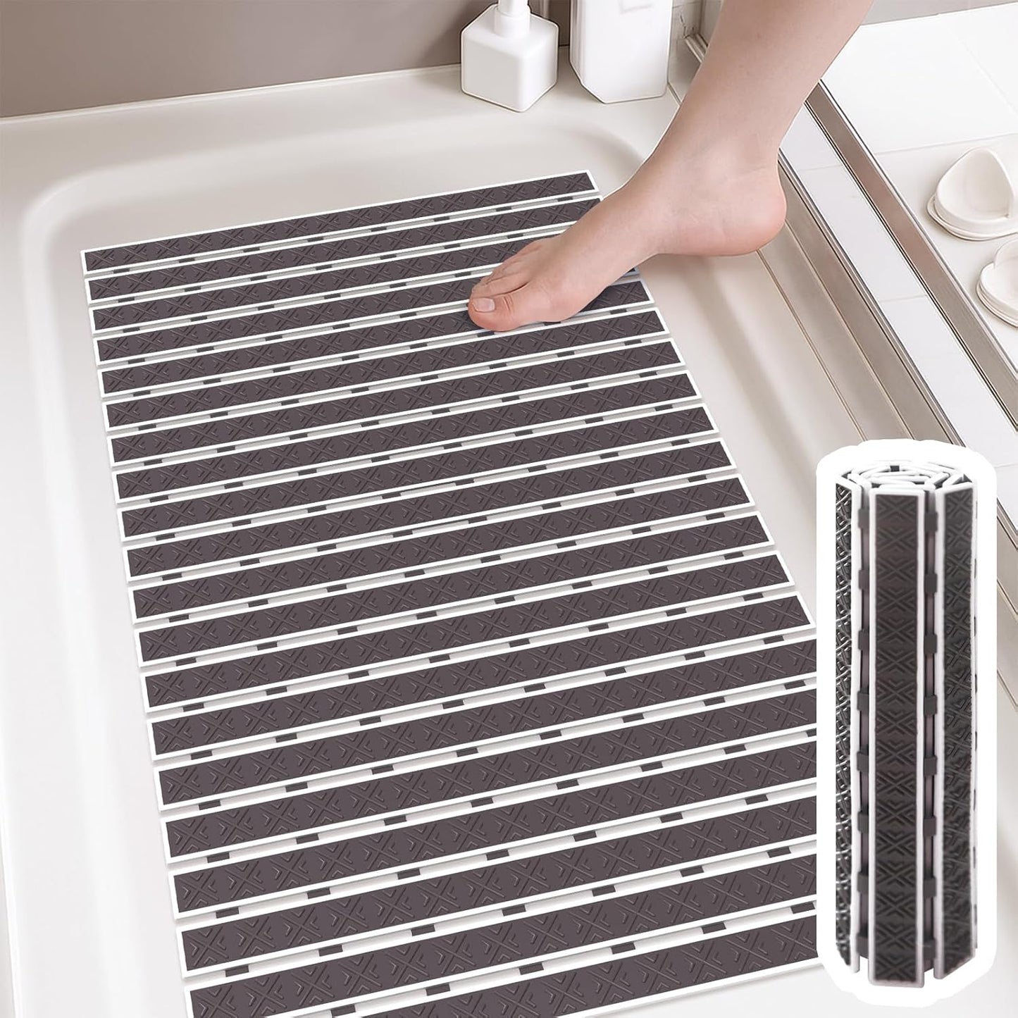 Matace Non Slip Rubber Bathtub & Shower Mat with Suction Cups, Thick Textured Surface, Fast Drain and Upright Drying Design, No Pooling Water for Better Hygiene, 27 x 16 Inch, Dark Gray