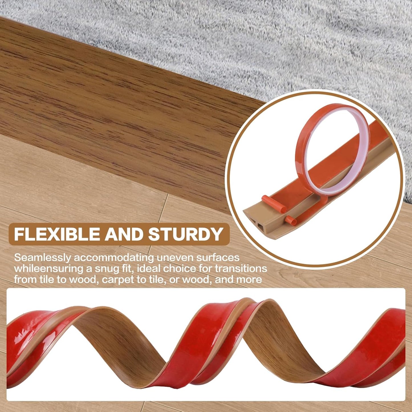 Floor Transition Strip Vinyl Door Threshold Ramp Self Adhesive Carpet Edging Strip Doorway Edge Trim, Overlap Edge Reducer for Laminate Carpet, Floor, Tile (Orange Oak, 2/5" to 3/5", 10Ft)