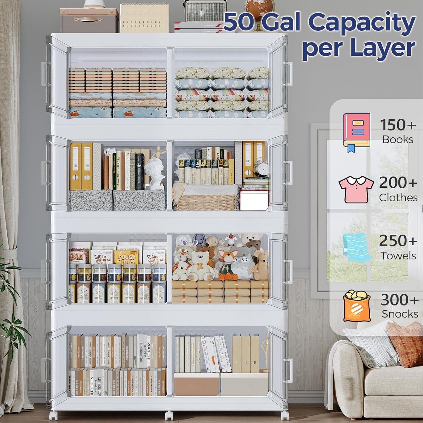 150GAL Storage Bins with Lid and Wheels, Stackable Closet Organizers and Storage Drawer, Collapsible Storage Box with Dividers, Foldable Plastic Cabinets Cubes Totes for Garage, 3 Pack White