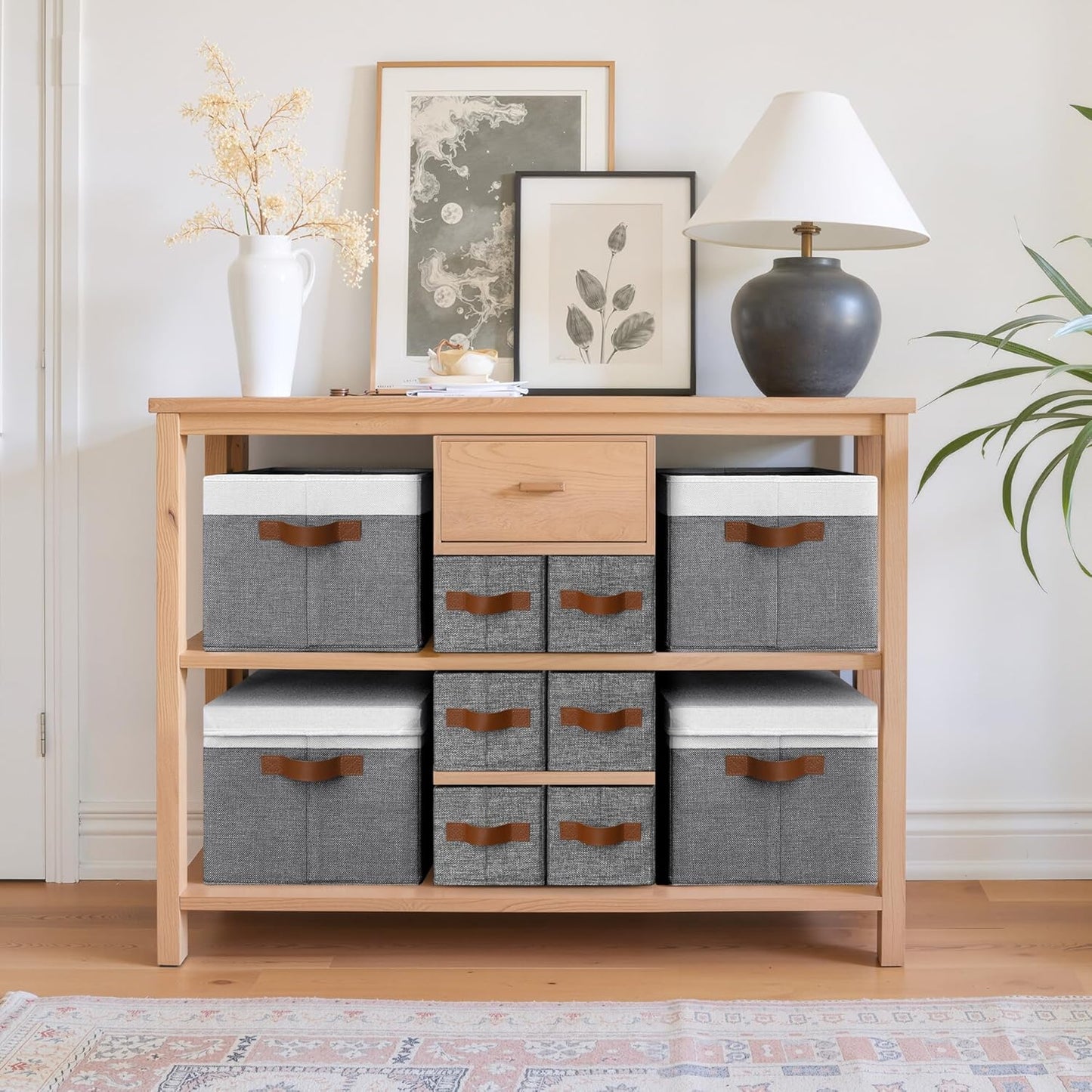 GRANNY SAYS Small Fabric Storage Bins with PU Handles, Storage Baskets for Shelves, Toilet Paper Storage, Narrow Baskets for Organizing DVD, Photos, Clothes, Diaper, Sock, Cd, 6-Pack, Gray