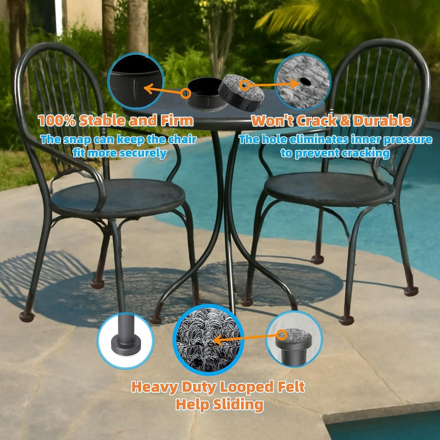 Wrought Iron Patio Furniture Feet Caps - Furnigear 1-1/2" Round Plastic Outdoor Chair Leg Caps, Floor Protectors Patio Furniture Replacement Rubber Feet with Heavy Duty Looped Felt (16 Pack, Black)