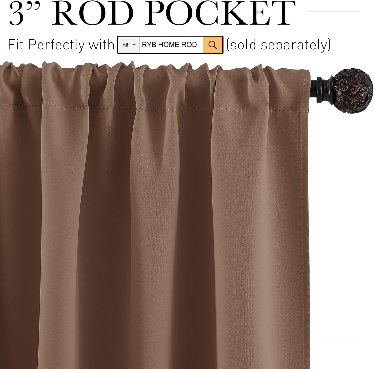 RYB HOME Bedroom Balckout Curtains - Small Window Decoration Solid Insulated Drapes Energy Efficiency Drapes for Kitchen Home Office Dining, Width 42 x Length 45 inch, Mocha, 2 Panels