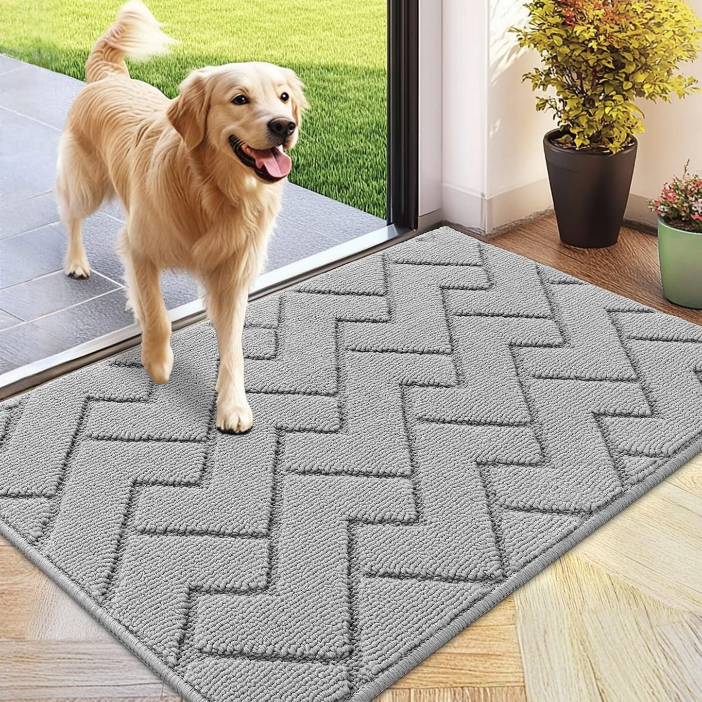 hicorfe Front Door Mat Outside Entrance,24"x35" Absorbent Muddy Dirt Resist Welcome Door Mats Outdoor Indoor,Stain and Fade Resistant,Non Slip Backing Entry Mat Doormat for Entryway (Light Grey)