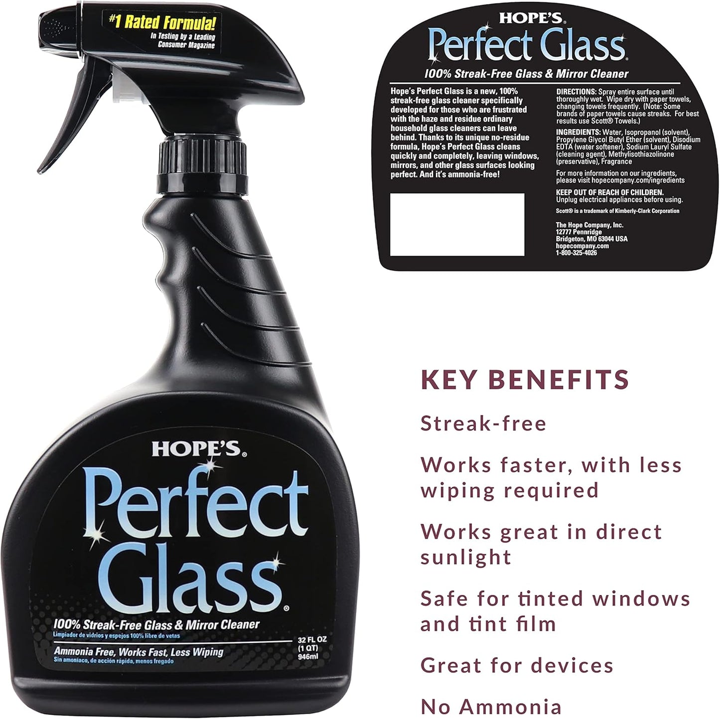 HOPE'S Perfect Glass Cleaner, Streak-Free, Ammonia-Free Window, Mirror, Screen, and Shower Door Cleaner, Indoor and Outdoor Glass Surfaces, 32 Fl Oz Spray Bottle and 67.6 Fl Oz Refill, Pack of 1