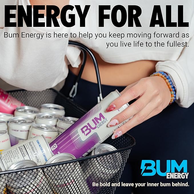 BUM Sugar-Free Energy Drink, Blue Snow Cone - Lightly Carbonated & No Artificial Colors, Natural Caffeine & Citicoline for Energy & Focus, Brain Boost & Workout Sports Beverage - 12 oz, Pack of 12