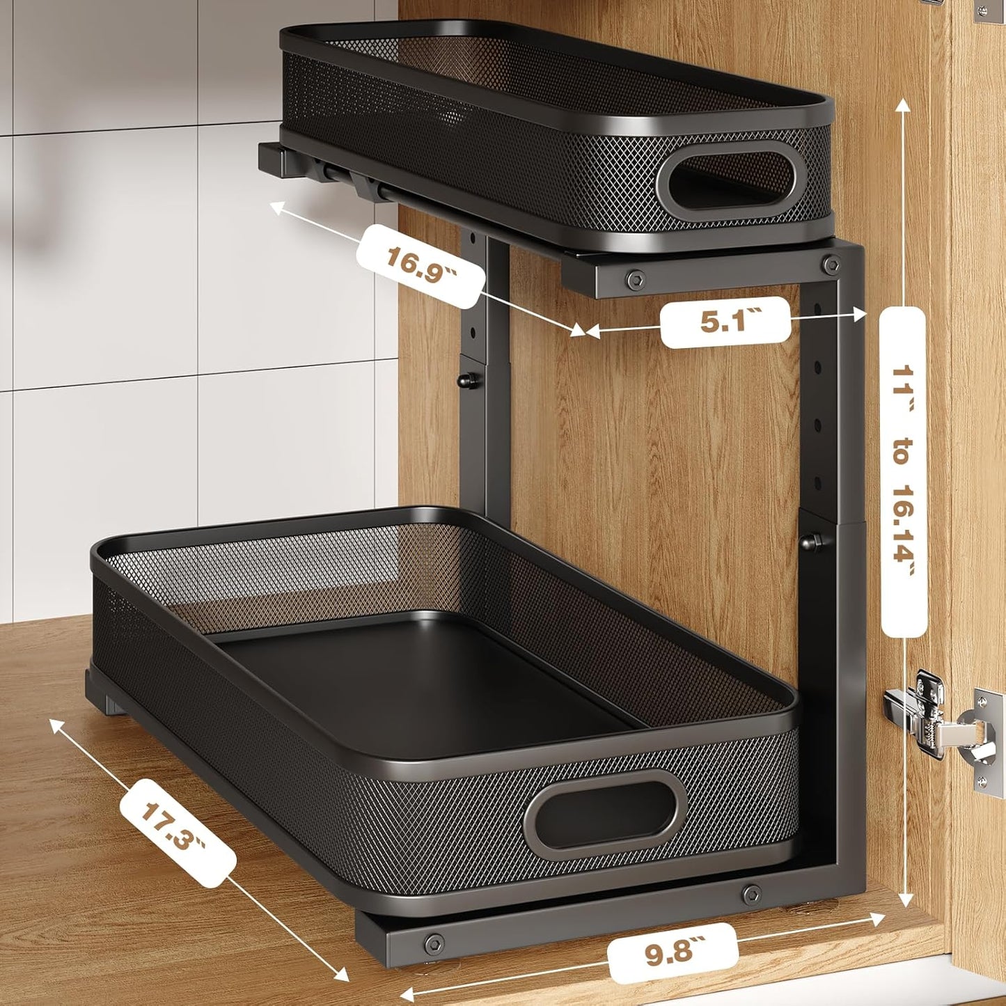 2 Pack 17.3IN-Depth Under Sink Organizer with Smooth Cylindrical Rail,2-Tier Pull Out Multi-Purpose Cabinet Storage for Bathroom&Kitchen,Height Adjustable,Rust-Resistant Coating-Black