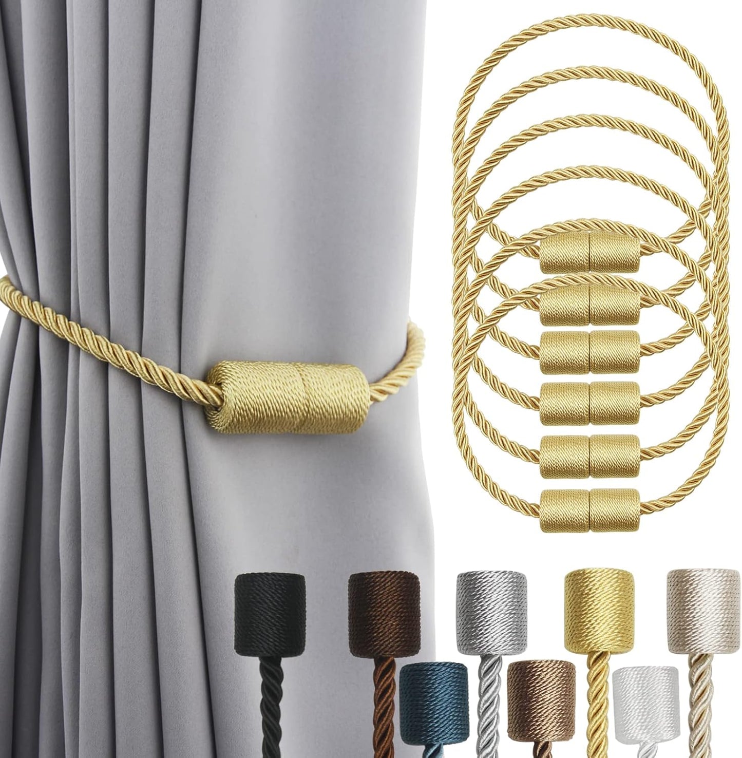 6 Pack Gold Strong Magnetic Curtain Tiebacks Outdoor Elegant Decorative Tie Backs Modern Rope Tiebacks for Drapes Window Curtain Holdbacks for Draperies