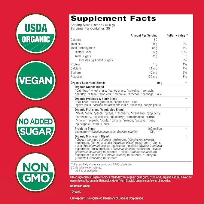 Country Farms Super Greens Berry Flavor, 50 Organic Super Foods, USDA Organic Drink Mix (Wheat Grass, Spirulina, Chlorella) Mushrooms & Probiotics, with Fiber, Gut Health, Natural Energy, 30 Servings