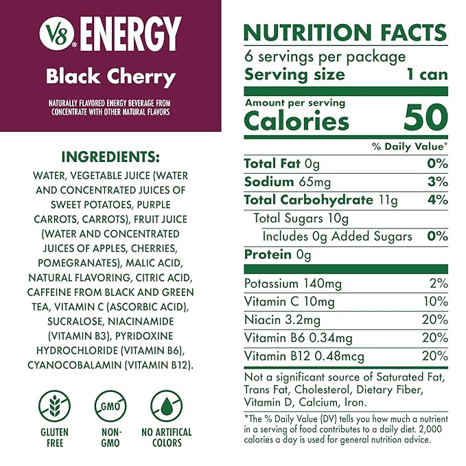 V8 Energy Black Cherry Energy Drink, 8 fl oz Can (24 Pack)