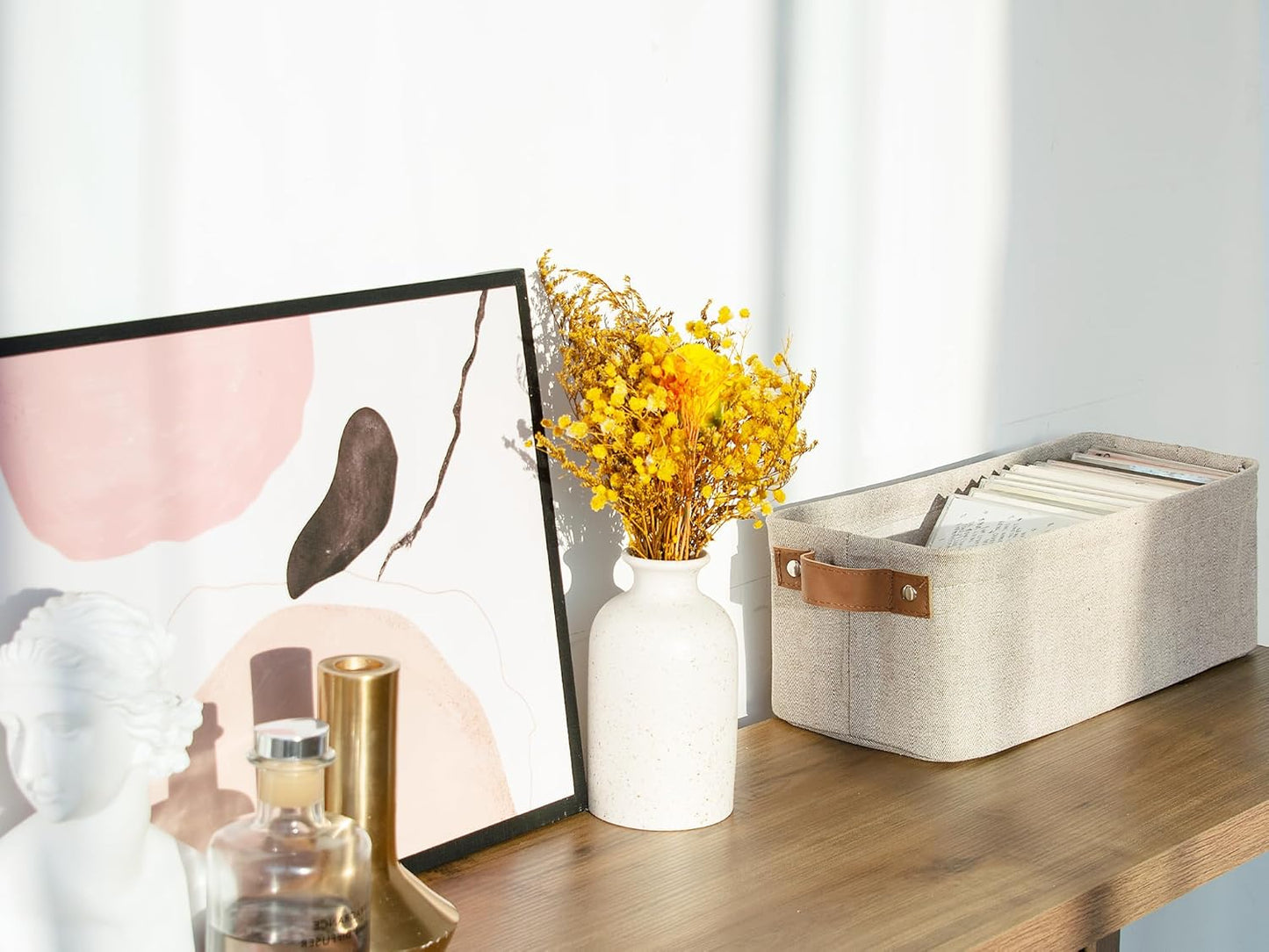 StorageWorks Narrow Storage Bins, Small Basket for Closet and Shelves, Fabric Organizer with Handles, Toilet Paper Storage, Brown and Beige, 2-Pack