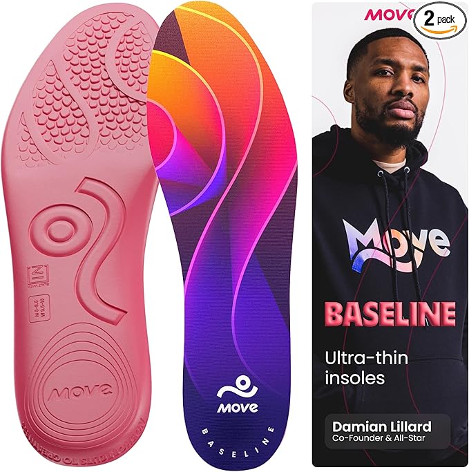 MOVE Baseline - All-Purpose Insoles - Sock Liner - Ultra Thin Shock Absorption - Maximum Freedom of Movement and Energy Return for Cleats, Shoes, Running, Basketball, Baseball (M12-12.5/WM13.5-14)
