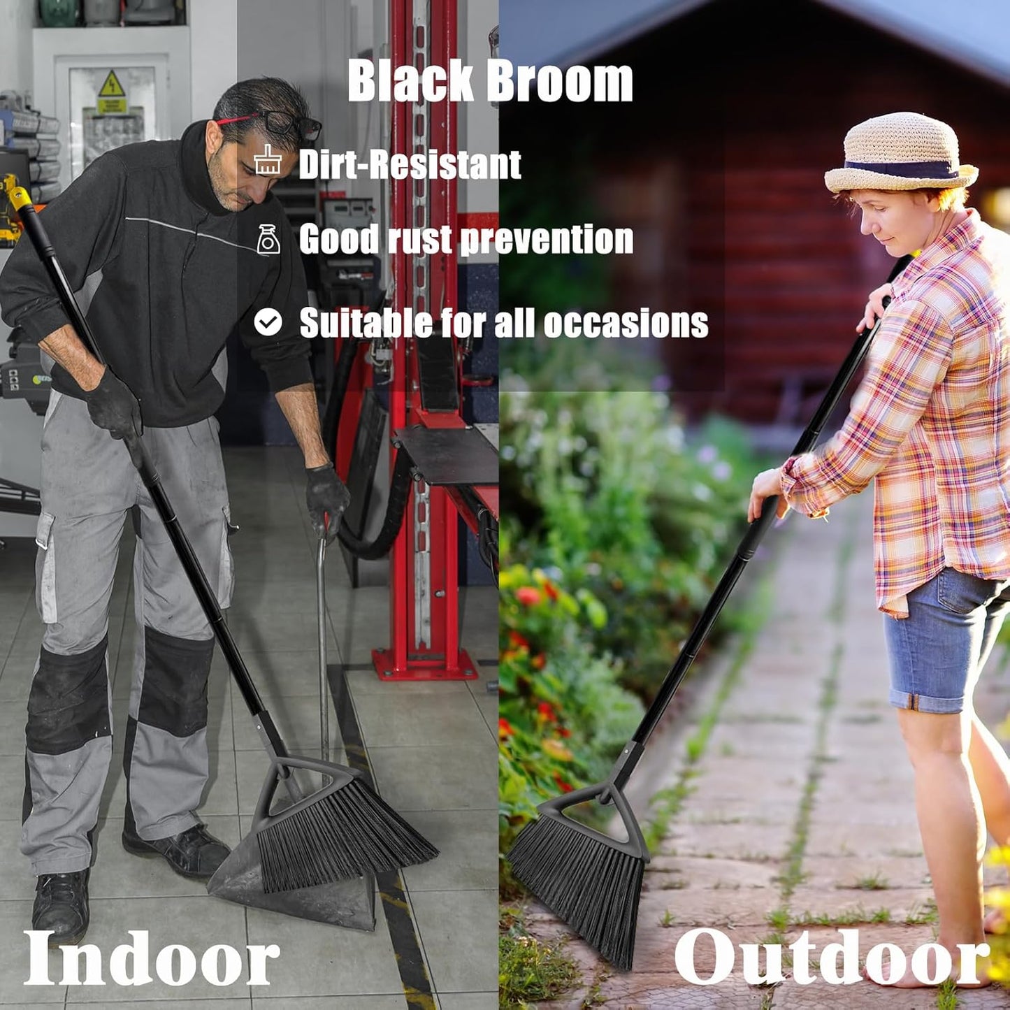 Heavy Duty Broom Outdoor Indoor, Upgraded Commercial Angle Brooms, Black Broom for Sweeping House, Restaurant, Kitchen, Garage, Courtyard