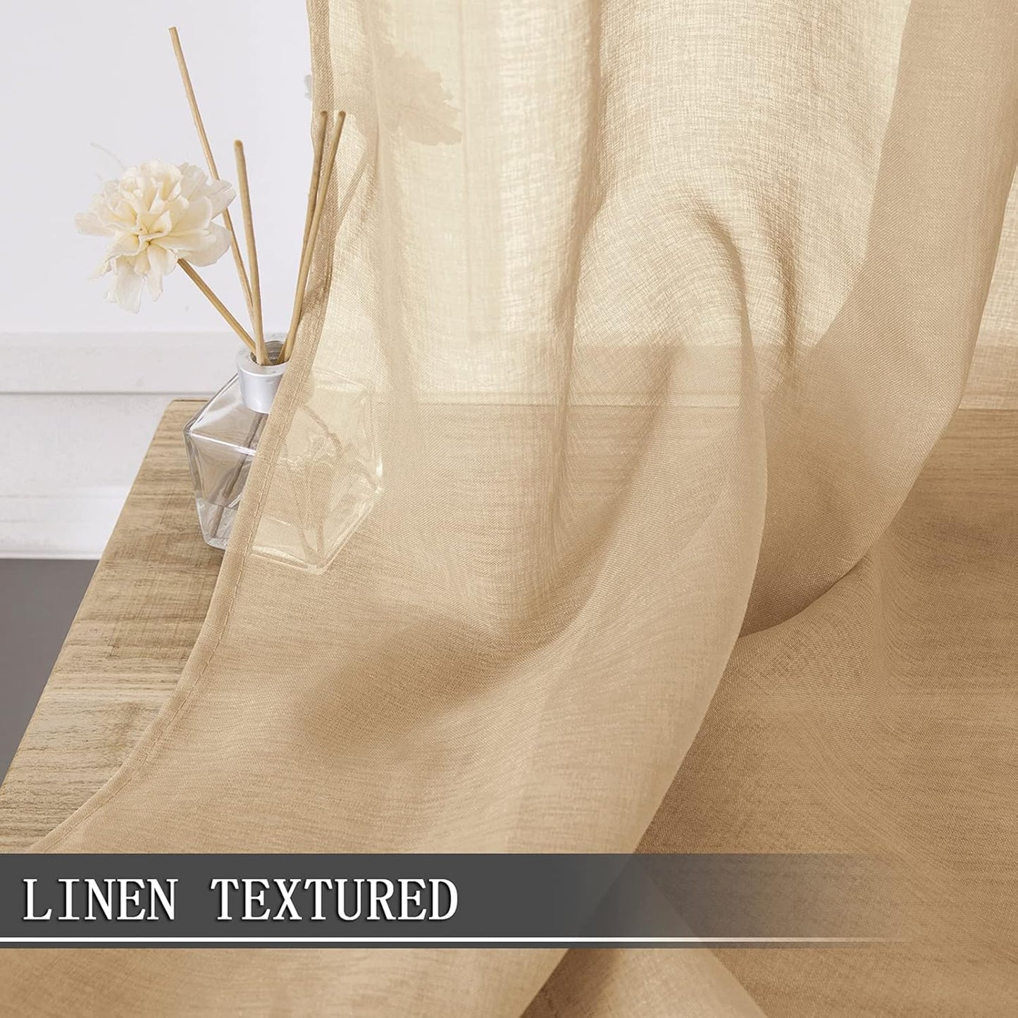 Tollpiz Sheer Curtains Linen Textured Living Room Curtain Sheers Light Filtering Rod Pocket Voile Curtains for Bedroom, 42 x 63 inches Long, Beige, Set of 2 Panels
