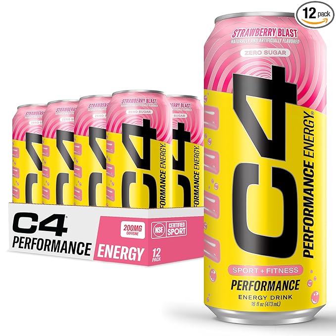 Cellucor C4 Performance Energy Drink | Strawberry Blast | Zero Sugar Carbonated Preworkout Energy | 200mg Caffeine with Beta Alanine | 16 Fl Oz (12 Pack)