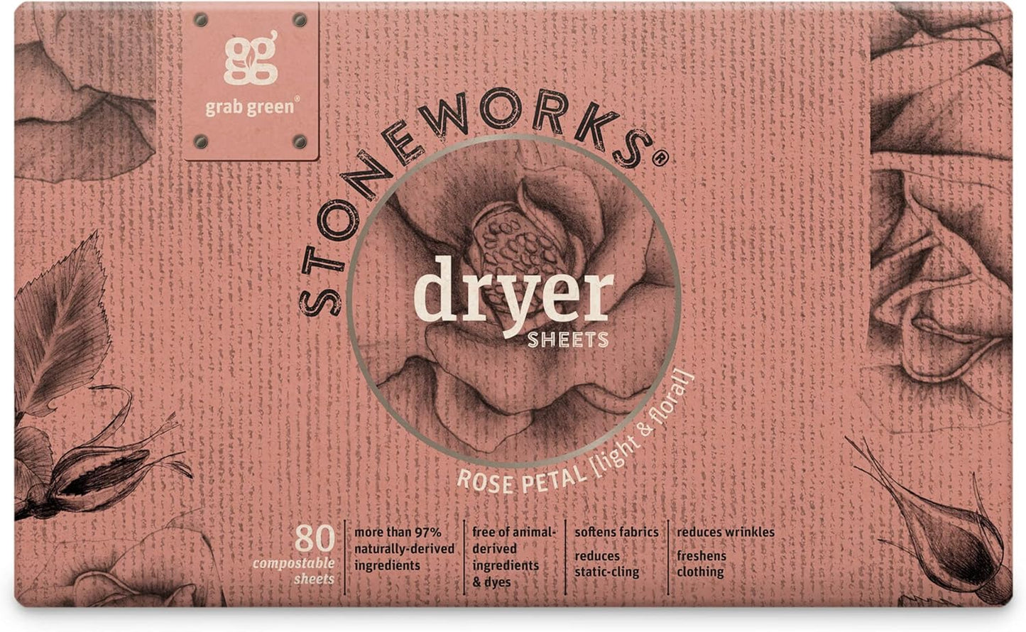 Grab Green Stoneworks Laundry Detergent Pods and Dryer Sheet Bundle (Rose Petal, 80 Count (Pack of 1)