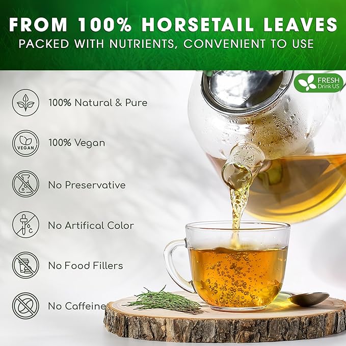 FreshDrinkUS, Premium 120 Horsetail Leaf Tea Bags, 100% Natural & Pure from Horsetail Loose Leaves Herbal Tea. Made with Natural Material Tea Bags. No Sugar, No Caffeine, No Gluten, Vegan.