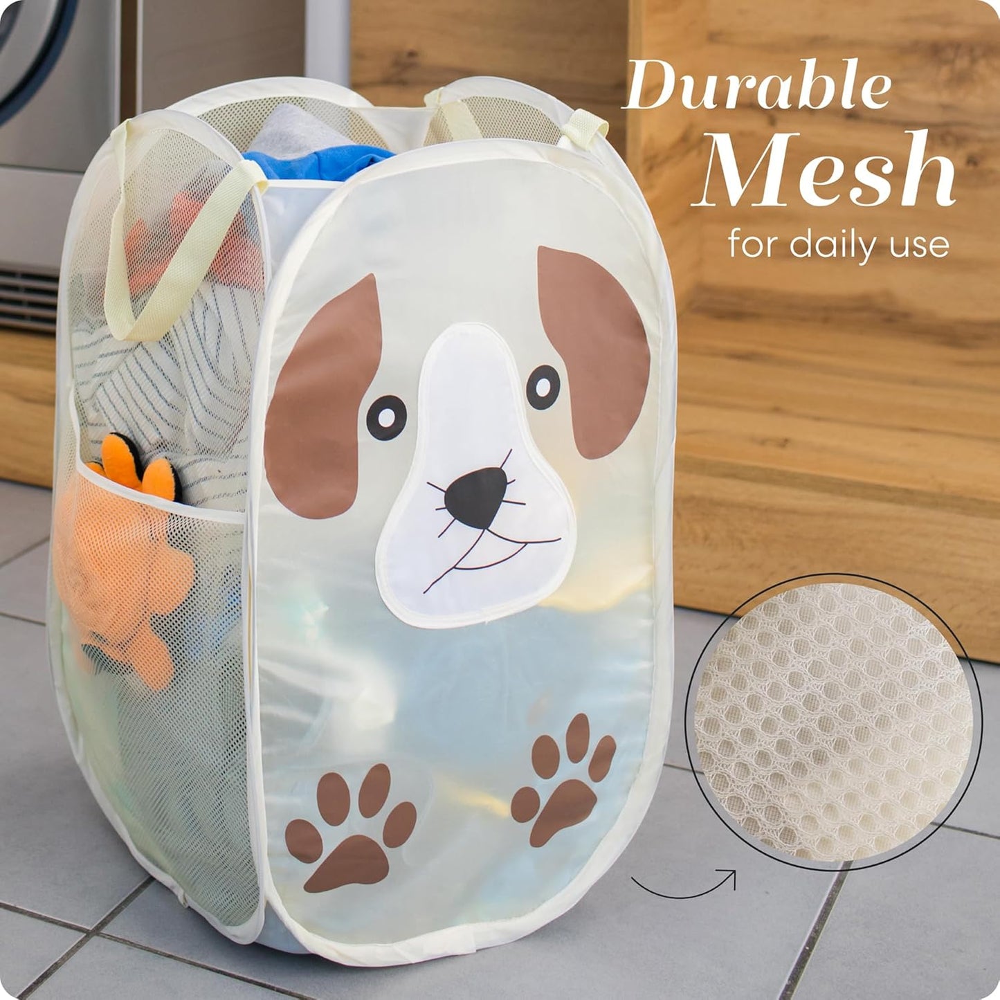 Handy Laundry Collapsible Mesh Pop-Up Hamper with Wide Opening and Side Pocket - Breathable, Sturdy, Foldable, Space-Saving Design (Puppy)