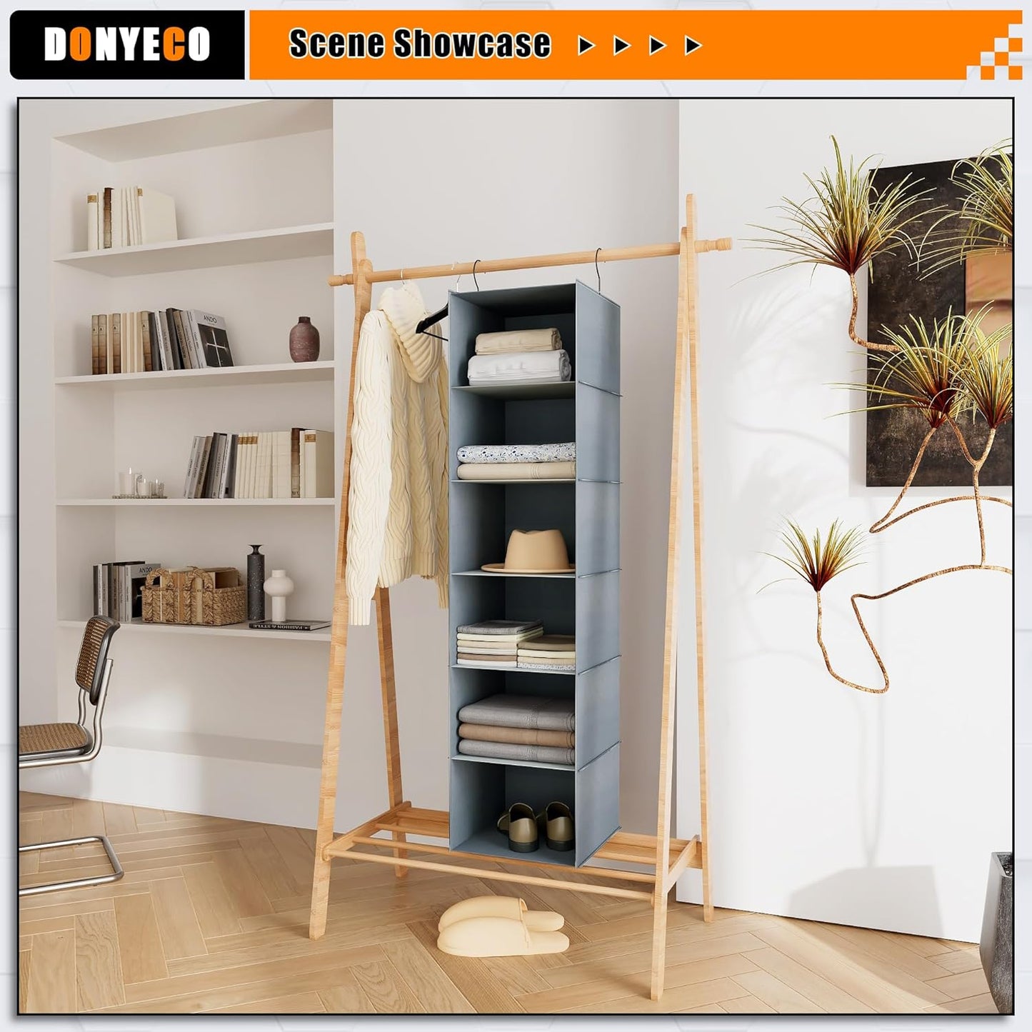 Hanging Closet Organizer and Storage 6-Shelf, Easy Mount Foldable Hanging Closet Wardrobe Shelves, Clothes Handbag Shoes Accessories Storage, Washable Oxford Cloth Fabric, Grey