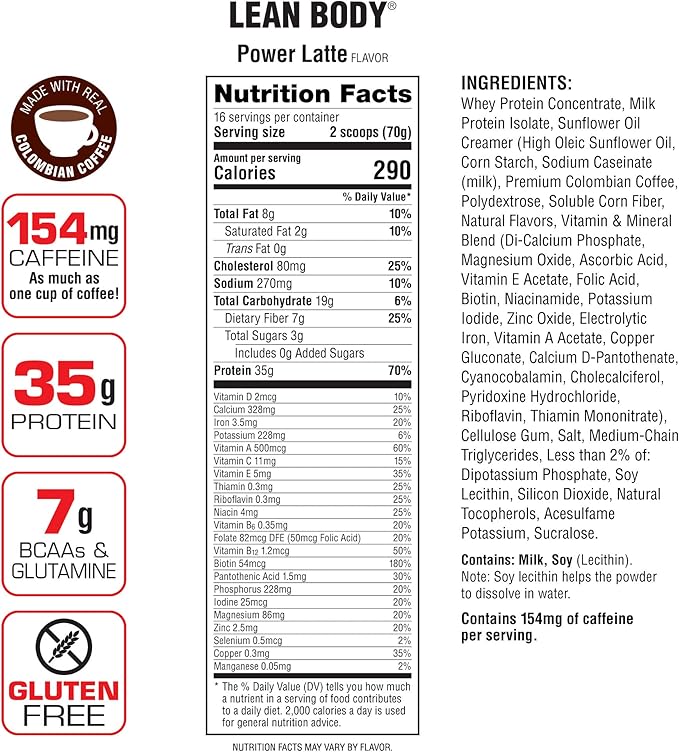 Labrada Lean Body MRP with Premium Columbia Coffee (154mg of Caffeine), Power Latte, 2.47LB Tub Packaging May Vary