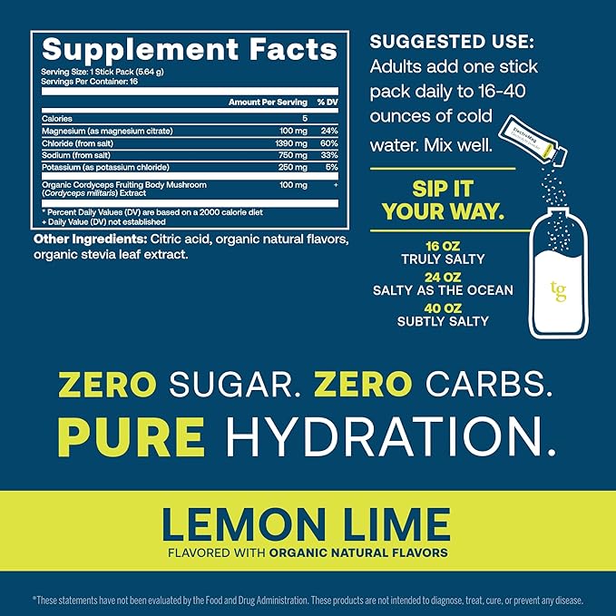 True Grace ElectroMag - 16 Stick Packs - Lemon Lime - Electrolyte Powder for Rapid Hydration - Sodium, Potassium, Magnesium & Cordyceps - Zero Sugar & Carbs - Non-GMO - 16 Total Servings