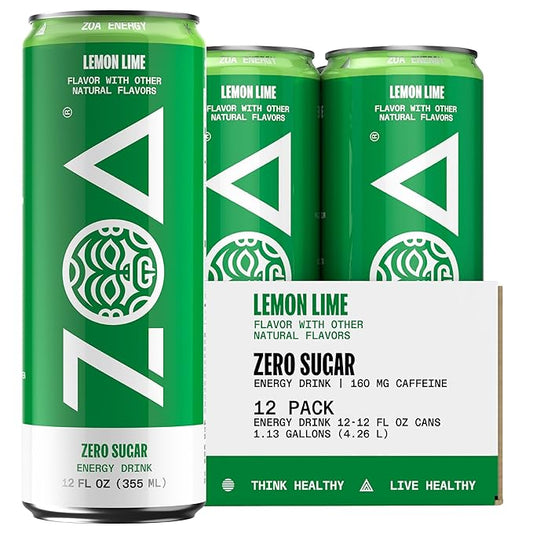 ZOA Energy Sugar Free Energy Drinks With Electrolytes For Hydration, Lemon Lime - 12 Fl Oz (12-Pack)