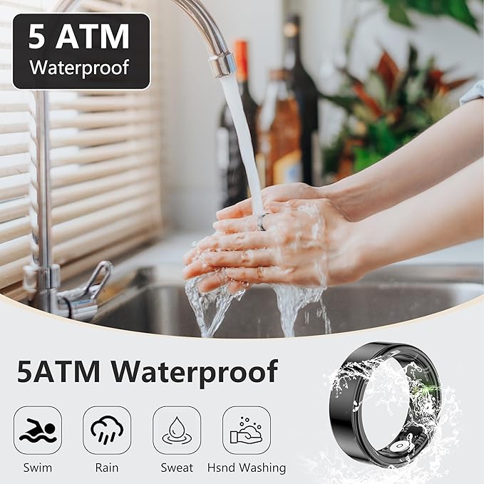 Thin Smart Ring for Fitness & Health Tracking -Pedometer,Sleep/Heart Rate/Blood Oxygen Monitor, Gesture Control / 5ATM Waterproof -No APP Subscription Compatible with Android& iOS (Black, 8)