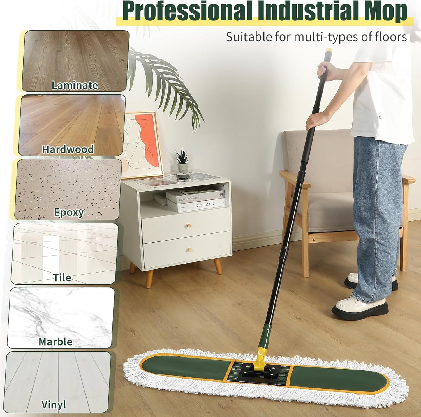 24" Commercial Dust Mop Replacement Padsfor Cleaning Office Garage Hardwood Warehouse, 2 Pack ,Green