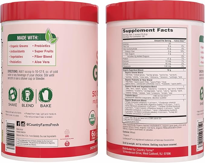 Country Farms Organic Super Greens Berry Flavor, 50 Organic Super Foods, Packed with Fiber, USDA Organic Drink Mix, Fruits, Vegetables, Mushrooms & Probiotics, Supports Energy, 5g Fiber