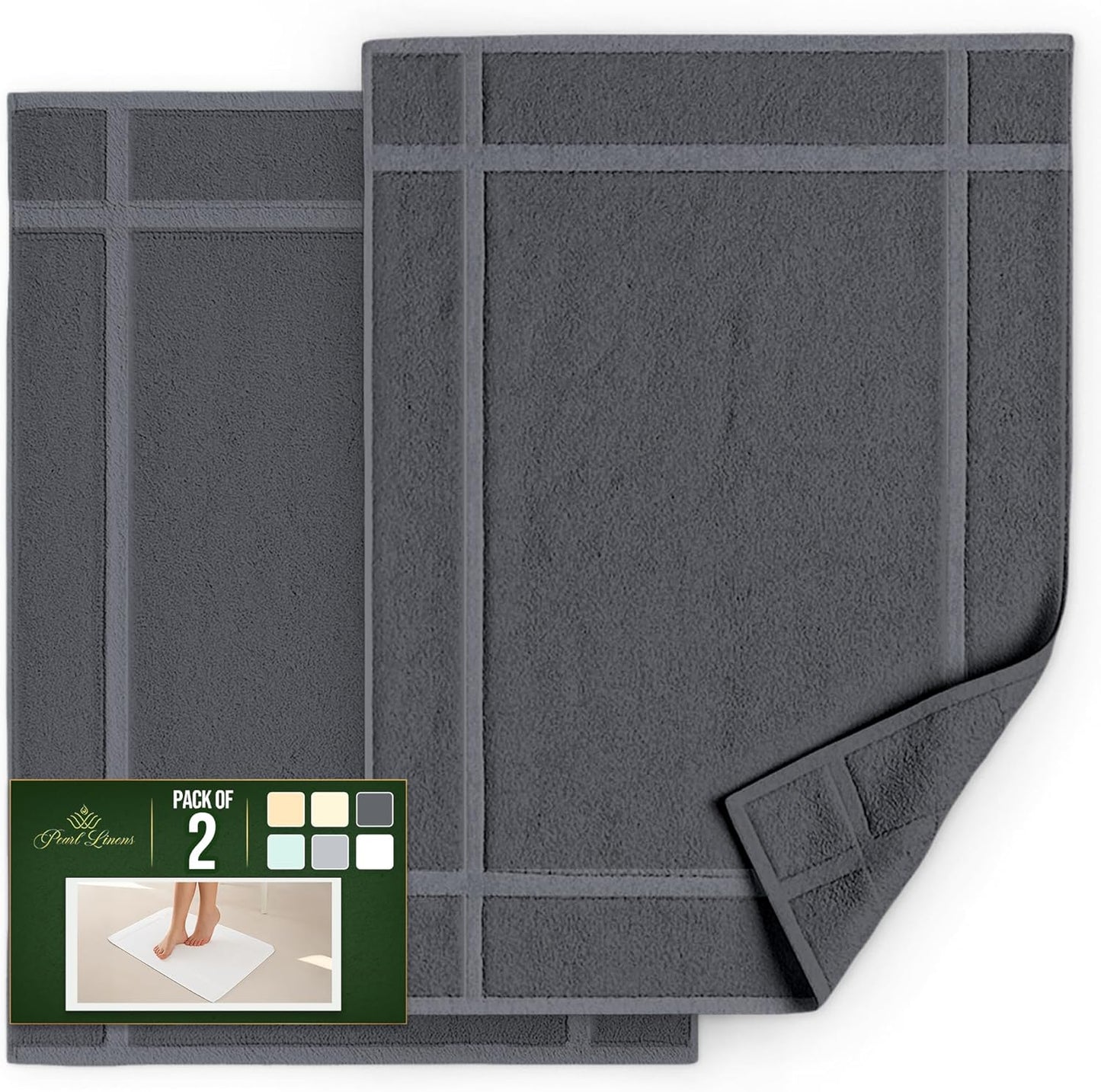 Pearl Linens Pack of 2 Washable Cotton Bath Mat 18x25 - Soft & Absorbent Quick Dry Bathroom Mat Set, Not Bathroom Rugs After Shower Mat, Terry Bath Tub Mat, 687 GSM Dark Grey