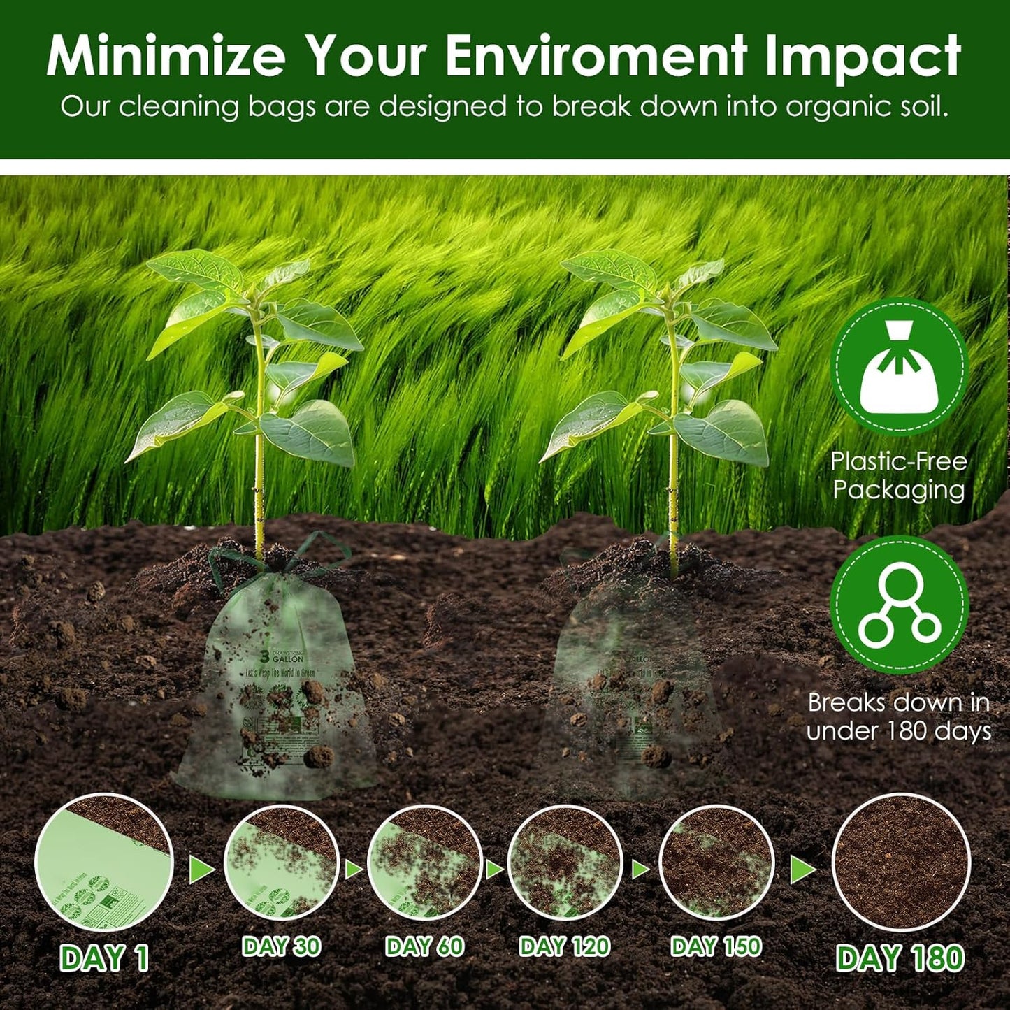 3 Gallon Compostable Trash Bags with Drawstring, Heavy Duty Extra Thick 1 Mil, 11.36 Liter, 50 Bags, Small Kitchen Food Scrap Waste Bag, US BPI and OK Compost Home Certified(3 Gallon 50 Count)