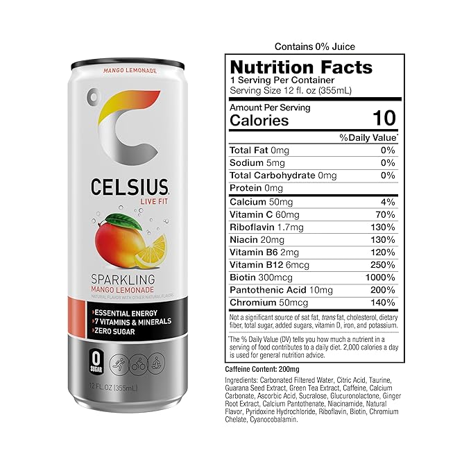 CELSIUS Sparkling Mango Lemonade, Sugar Free Energy Drink, 12 Fl Oz (Pack of 12)