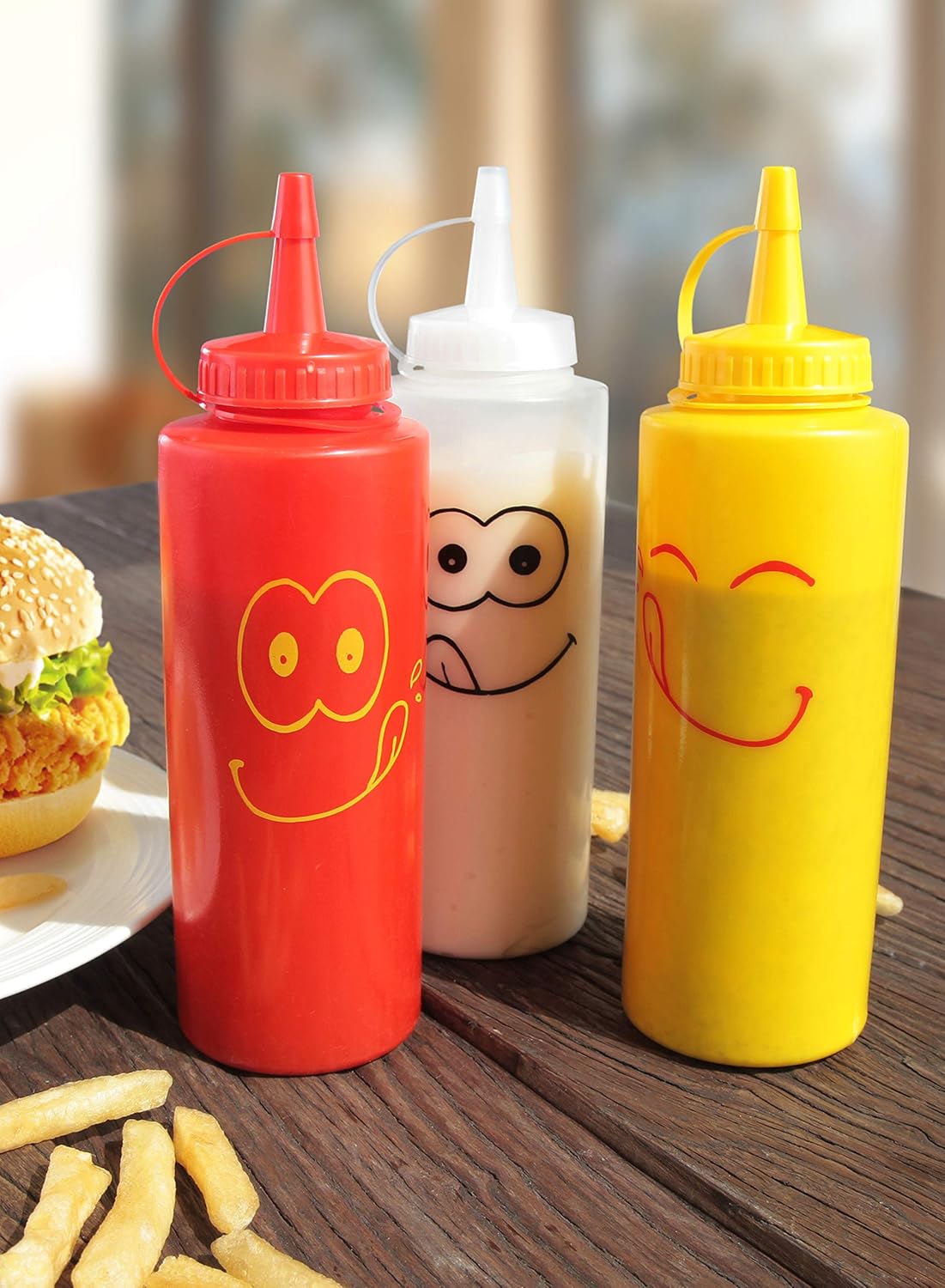 New Star Foodservice 28560 Smiley Faces Squeeze Bottle Set, Plastic, Red, Yellow, and Clear, 12 oz