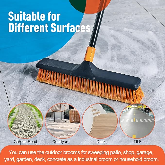 18" Push Broom Outdoor for Floor Cleaning with Extendable Long Handle, Stiff Bristle Heavy Duty Broom for Bathroom, Kitchen, Tub, Tile, Patio, Deck, Concrete, Industrial