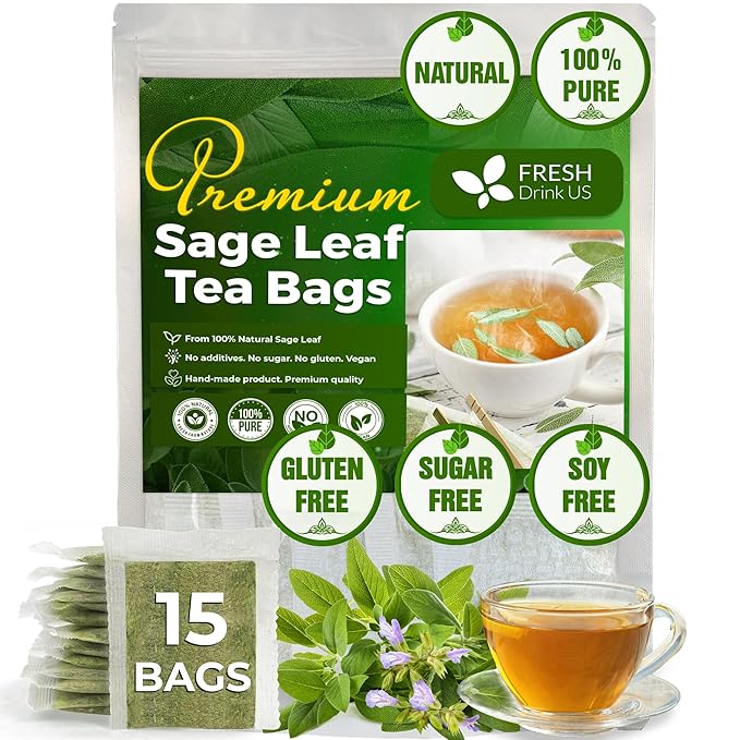 FreshDrinkUS, Premium 15 Sage Leaf Tea Bags, 100% Natural & Pure from Sage Leaves. Loose Leaf Sage Herbal Tea. Made with Natural Material Tea Bags. No Sugar, No Caffeine, No Gluten, Vegan.