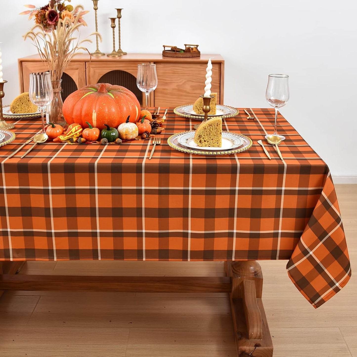 Waterproof Checkered Tablecloth Fabric - Rectangle 58x84 Inch Fall Themed Thanksgiving Day Table Cloth for Indoor/Outdoor Use - Harvest Table Cover for Kitchen, BBQs, Halloween