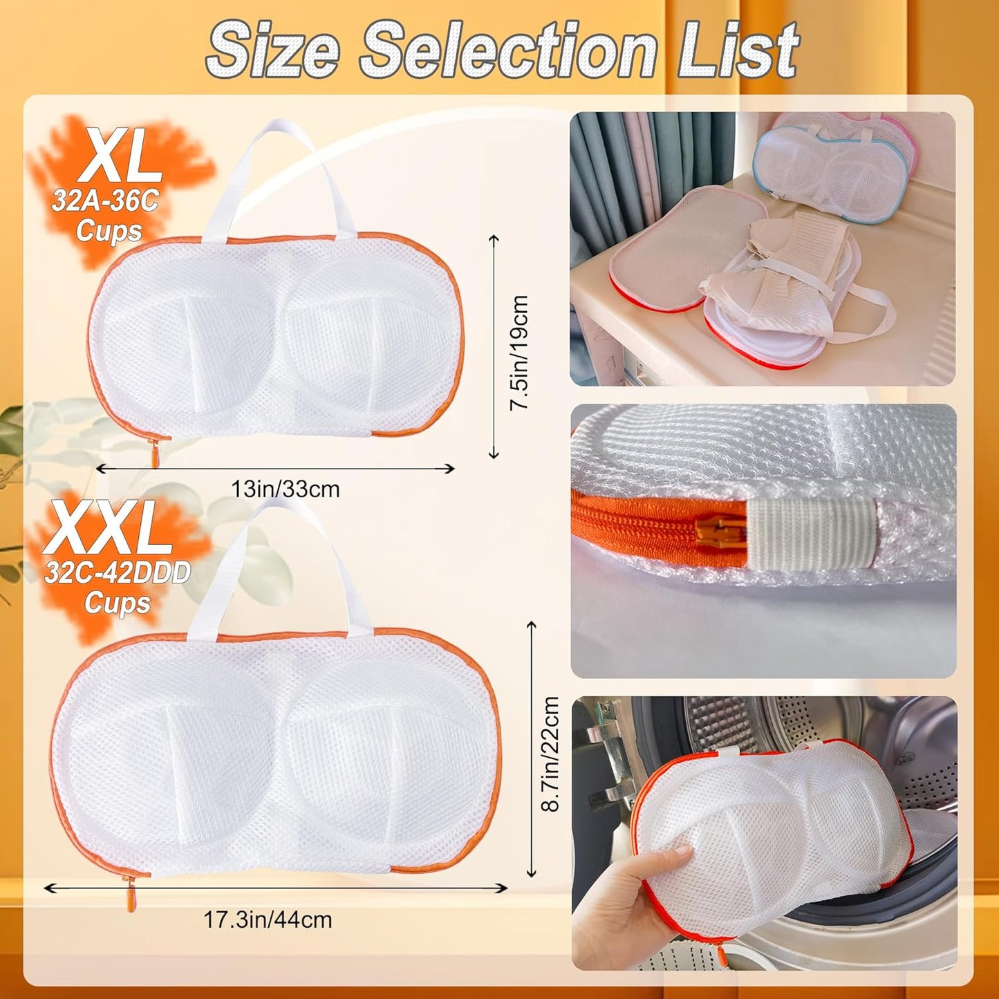 8 Pcs Bra Wash Bags for Laundry - Lingerie Mesh Bag Set Underwear Brassiere for Washing Machine With Zipper for Women Delicates Yellow (32A-36C Cup)